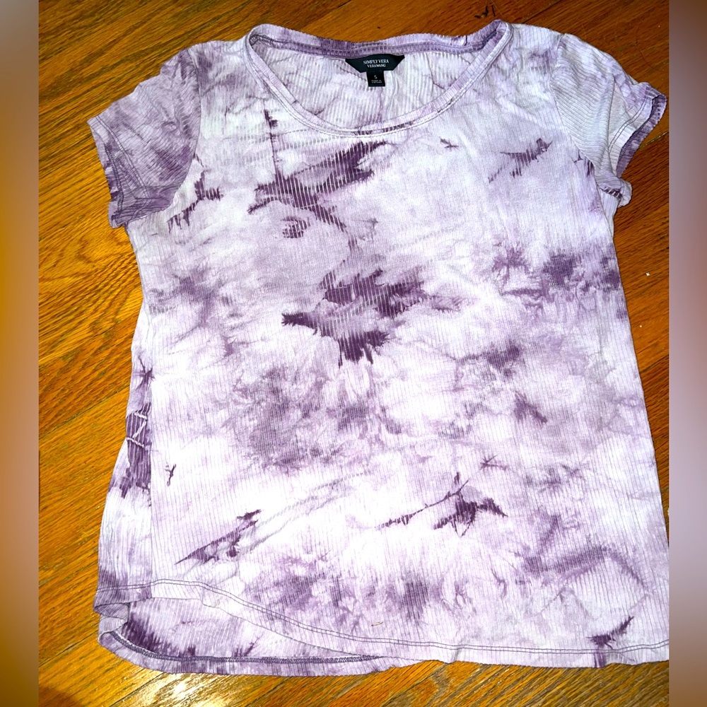 A purple tie dyed t-shirt.
